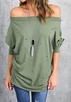 Green Cut Out Boat Neck Long Sleeve Fashion T-Shirt