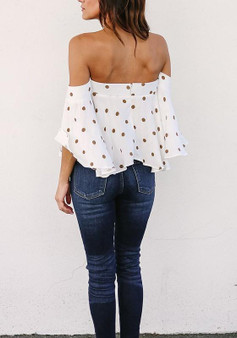 White Polka Dot Pleated Off Shoulder Backless Sweet Going out Blouse