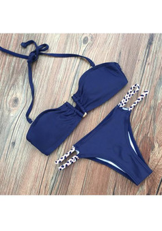 Blue-White Patchwork Tie Back Two Piece Halter Neck Bikini Swimwear