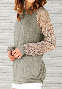 Grey Patchwork Lace Round Neck Long Sleeve Casual T-Shirt