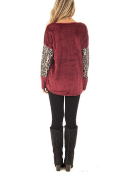 Red Patchwork Leopard Sequin Pockets Round Neck Long Sleeve Fashion T-Shirt