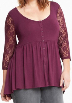 Burgundy Patchwork Lace Hollow-out Single Breasted Draped 3/4 Sleeve Casual T-Shirt