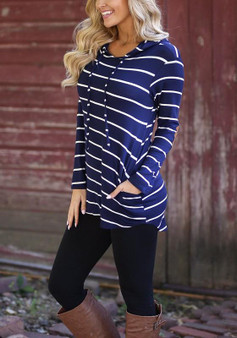 Sapphire Blue Striped Drawstring Pockets Long Sleeve Cowl Neck Casual Hooded Sweatshirt