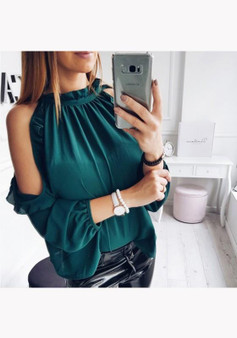 Green Ruffle Cut Out Round Neck Long Sleeve Fashion Blouse