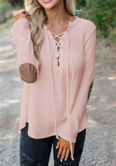 Pink Patchwork Print Drawstring V-neck Long Sleeve Casual T-Shirt