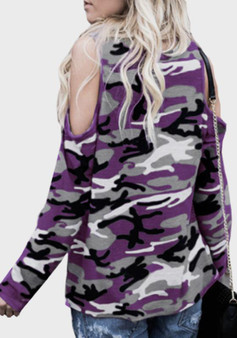 Purple Camouflage Cut Out Sleeve Casual Going out T-Shirt