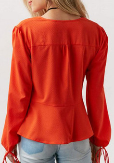 Red Plain Drawstring Buttons V-neck Casual Blouse