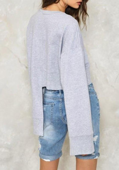 Grey Plain Irregular Round Neck Fashion Pullover Sweatshirt