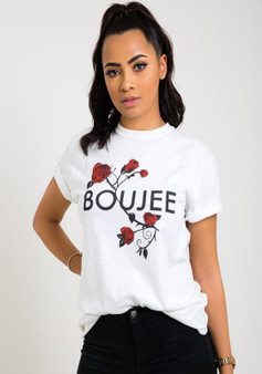 White Flowers Monogram Print Round Neck Short Sleeve Casual Oversized T-Shirt