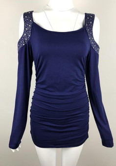 Blue Patchwork Rhinestone Cut Out Round Neck Casual T-Shirt