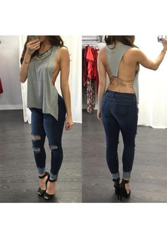 Grey Chain Irregular Round Neck Fashion Loose Vest