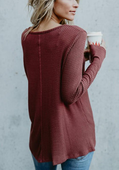 Red Plain Buttons V-neck Long Sleeve Casual T-Shirt