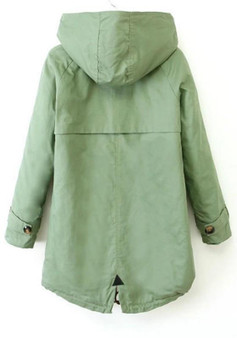 Army Green Pockets Zipper Drawstring Hooded Long Sleeve Casual Coat