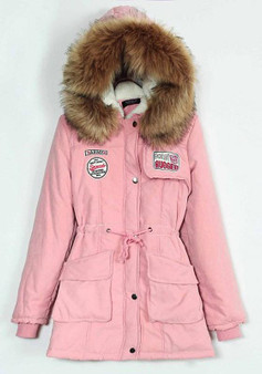 Pink Pockets Drawstring Zipper Faux Fur Hooded Casual Winter Warm Parka Coat
