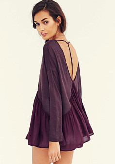 Purple Patchwork Ruffle Plunging Neckline Long Sleeve Casual T-Shirt