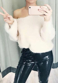 White Plain V-neck Long Sleeve Fashion Pullover Sweater