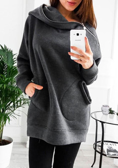 Grey Patchwork Hooded Long Sleeve Pockets Zipper Fashion Pullover Sweatshirt