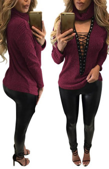 Burgundy Lace-up High Neck Cut Out Long Sleeve T-Shirt