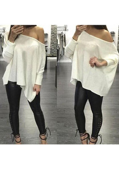 White Irregular Asymmetric Shoulder Long Sleeve Casual T-Shirt