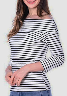 White Black Striped Irregular Round Neck Long Sleeve T-Shirt
