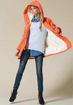 Orange Plain Buttons Pockets Drawstring Hooded Casual Coat