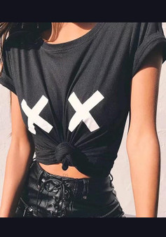 Black Cross Print Round Neck Short Sleeve Casual T-Shirt