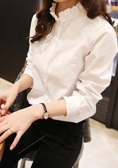 White Single Breasted Pockets Band Collar Office Worker/Daily Blouse