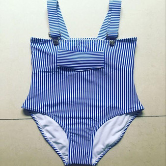 Black-White Striped Pockets Backless Overall Square Neck One Piece Bikini Swimwear