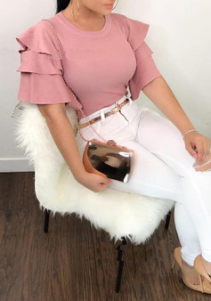 Pink Cascading Ruffle Short Sleeve Trumpet Sleeve Casual Blouse