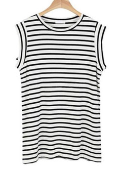 Black-White Striped Round Neck Casual Sports T-Shirt
