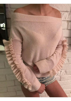 Pink Ruffle Beading Off Shoulder Backless Long Sleeve Casual Pullover Sweater