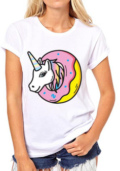 White Unicorn Print Round Neck Short Sleeve Fashion T-Shirt