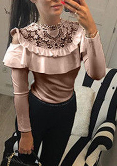 Pink Patchwork Lace Ruffle Cut Out Long Sleeve T-Shirt