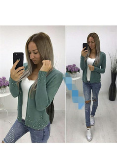 Army Green Pearl Long Sleeve Casual Cardigan Sweater