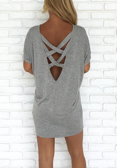 Grey Cross Back Cut Out Round Neck Fashion T-Shirt