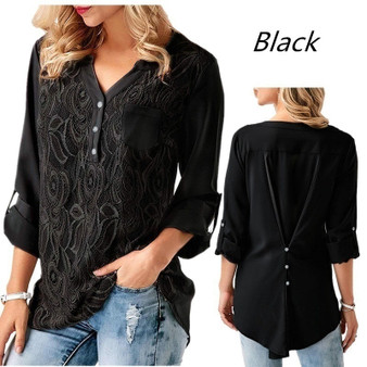 Ladies Solid Cuffed Sleeve Lace Panel Casual Blouses Tops S-3XL