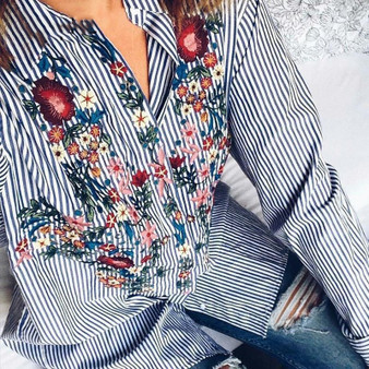 Casual Women Floral Embroidered Casual Blouse Autumn Long Sleeve Striped Shirt Tops