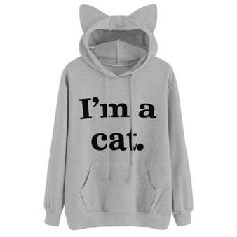 Women Sweatshirt Cat Slogan Print Cat Ear Kawaii Hoodie Sweatshirt New Black Print Cute Pullovers