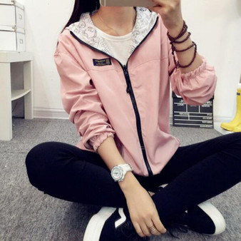 Spring Autumn 2018 Fashion Women Jacket Coat Pocket Zipper Hooded Two Side Wear Cartoon Print Outwear Loose Plus Size