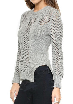 Grey Plain Hollow-out Irregular Round Neck Pullover Sweater