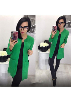 Green Plain Pockets Round Neck Casual Cardigan Sweater