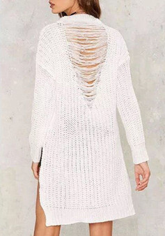Casual White Plain Irregular Hollow-out Back After Short Before Long Knit Pullover Sweater