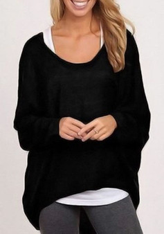 Casual Black Plain Irregular Dolman Sleeve Fashion Casual T-Shirt