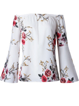 Casual Off Shoulder Floral Printed Bell Sleeve Blouse