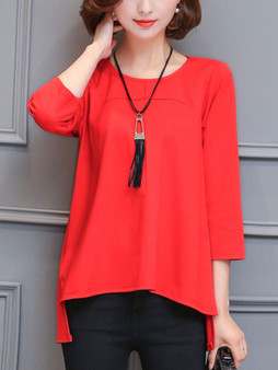 Casual Round Neck High-Low Plain Long Sleeve T-Shirt With Necklace