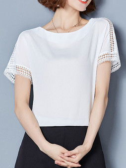 Casual Round Neck Hollow Out Plain Chiffon Blouse