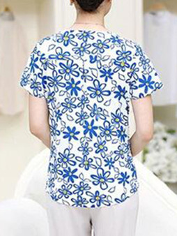 Casual Round Neck Decorative Button Floral Printed Short Sleeve T-Shirt