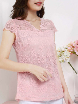Casual Delightful V-Neck Lace Hollow Out Plain Short Sleeve T-Shirt