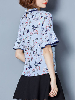 Casual Band Collar Contrast Trim Floral Printed Bell Sleeve Blouse