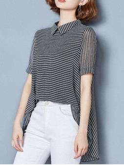 Casual Doll Collar Striped High-Low Blouse